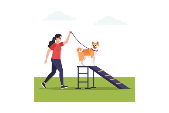A Woman Confidently Guiding Her Dog Up a