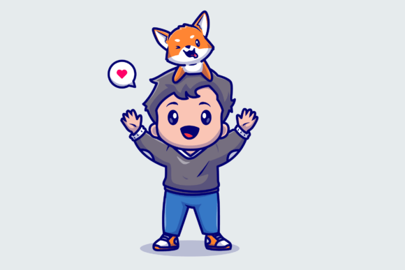 Cute Boy Playing with Shiba Inu Dog