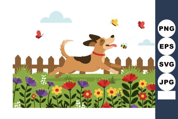 Dog Running in Colorful Garden with Butterfly