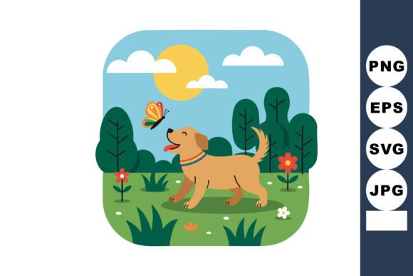 Happy Dog Playing with Butterfly in Gree