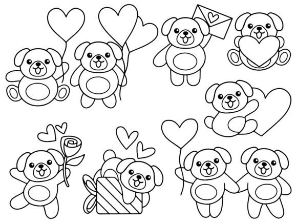Valentine Day Dog Cartoon Line Art