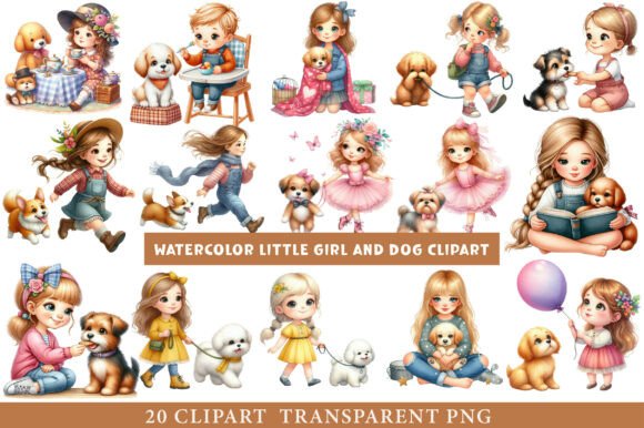 Watercolor Little Girl and Dog Clipart